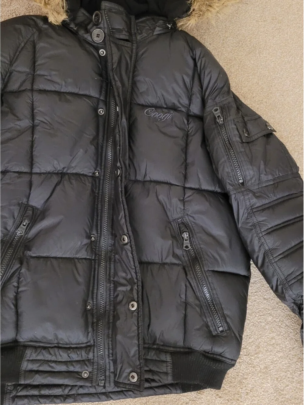 Coogi Kids Black Puffer Bomber Jacket 18/20 XL Faux Fur Hood Winter Coat Unisex